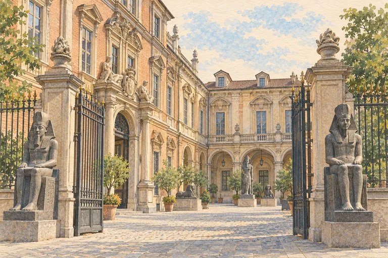 Originale Gouache-Illustration des Museo Egizio; eine interpretative Darstellung, keine Navigationskarte.
