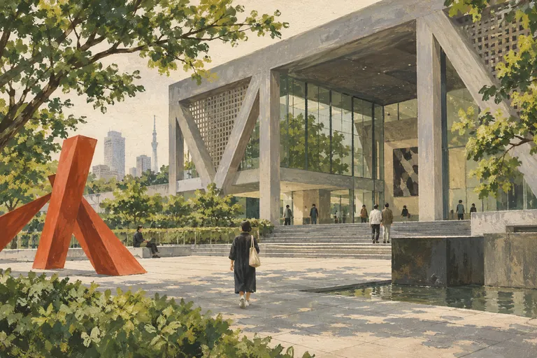 Original gouache illustration of Museum of Contemporary Art Tokyo; an interpretive impression, not a navigation map.