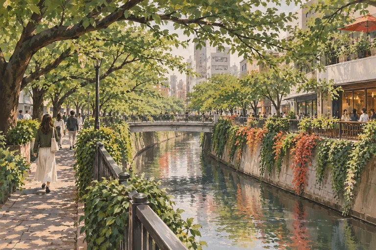 Originale Gouache-Illustration des Nakameguro River Walk; eine interpretative Darstellung, keine Navigationskarte.