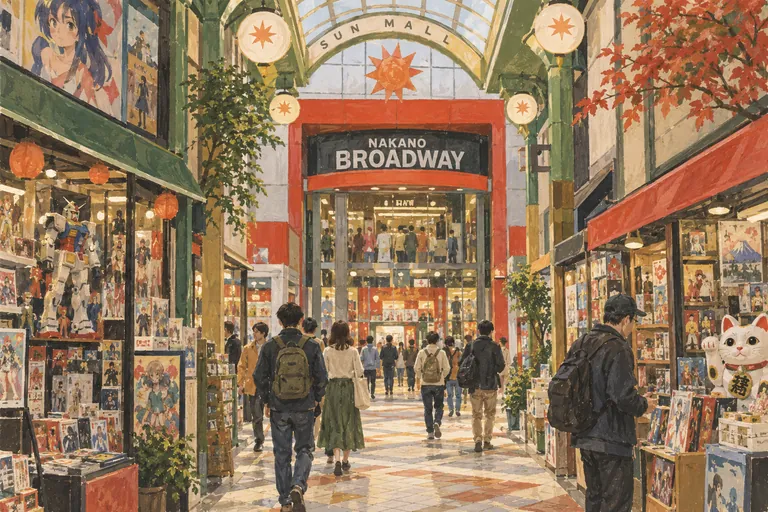 Originale Gouache-Illustration der Nakano Broadway & Sun Mall; eine interpretative Darstellung, keine Navigationskarte.