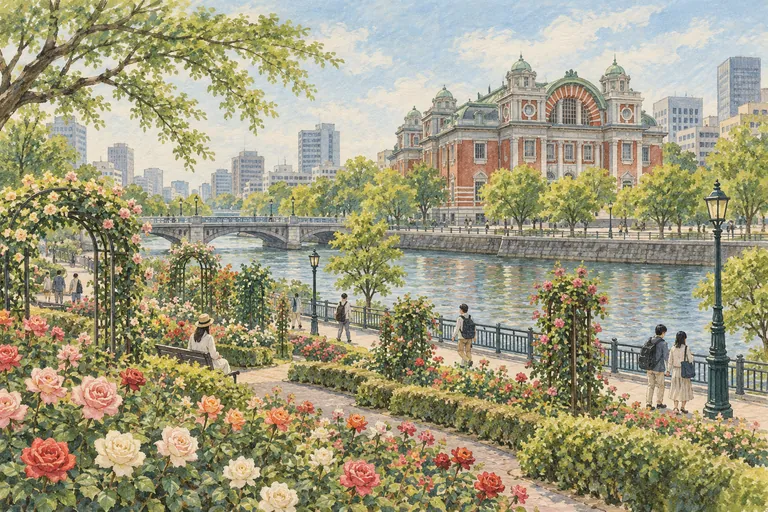Illustration originale à la gouache du parc Nakanoshima ; une impression interprétative, et non une carte de navigation.