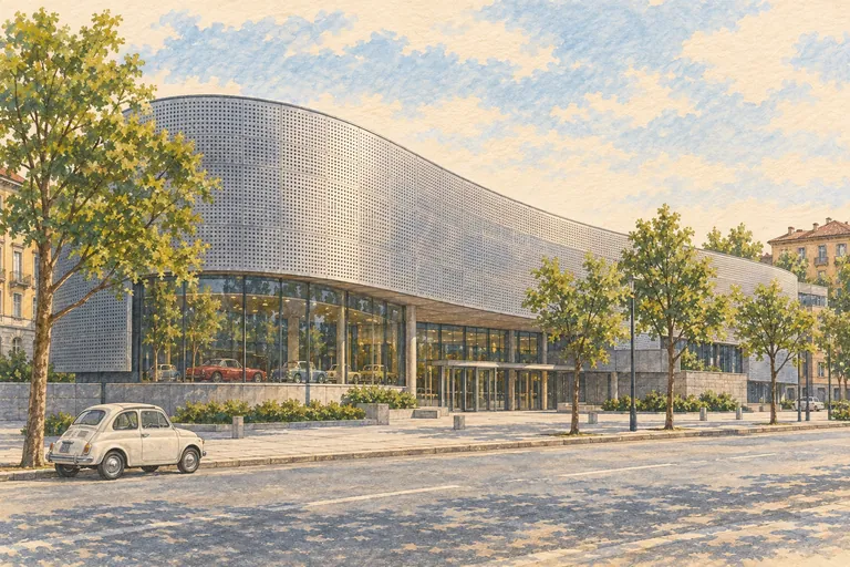 Originale Gouache-Illustration des Nationalen Automobilmuseums; eine interpretative Darstellung, keine Navigationskarte.