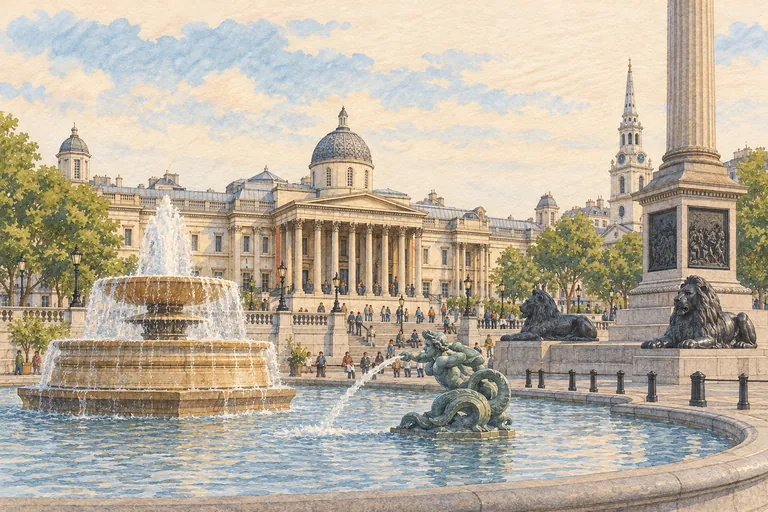 Illustrazione originale a guazzo della National Gallery; un'interpretazione visiva, non una mappa nautica.