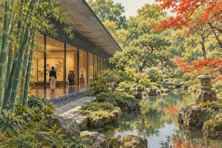 根津美術館のオリジナルグワッシュ画。解釈のためのイメージ図であり、ナビゲーションマップではありません。