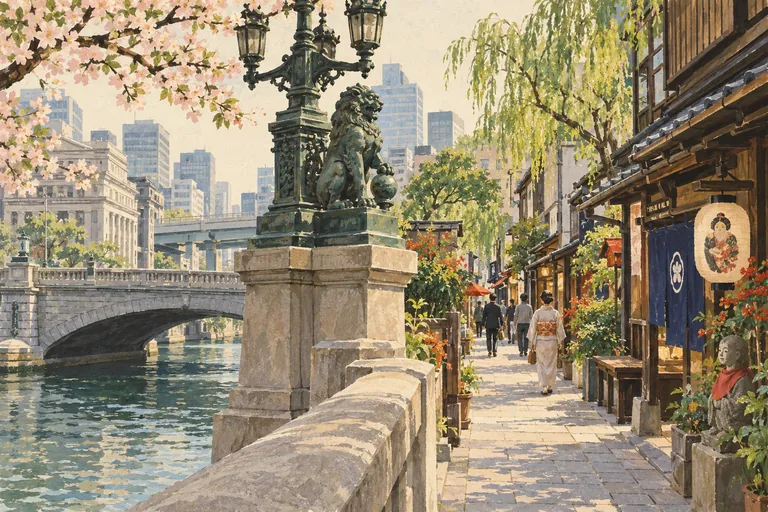 Originale Gouache-Illustration des Nihonbashi & Ningyocho Walk; eine interpretative Darstellung, keine Navigationskarte.