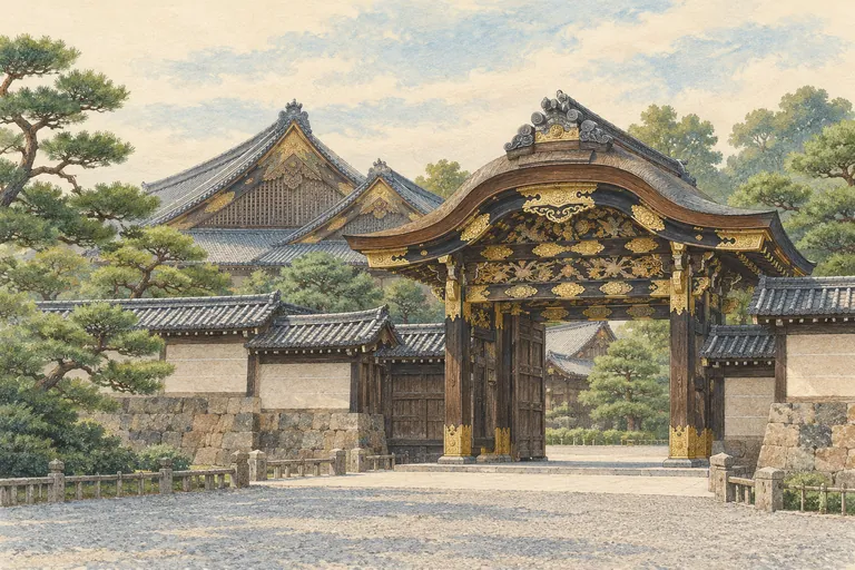 Illustration originale à la gouache du château de Nijo ; une impression interprétative, et non une carte de navigation.