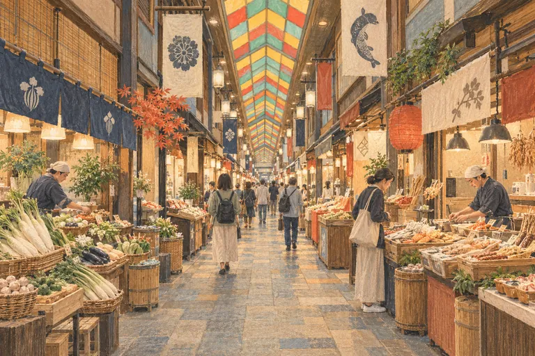 Illustration originale à la gouache du marché de Nishiki ; une impression interprétative, et non une carte de navigation.