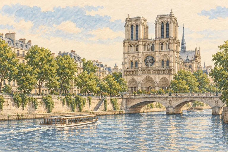 Ilustração original em guache da Catedral de Notre-Dame de Paris; uma interpretação, não um mapa de navegação.