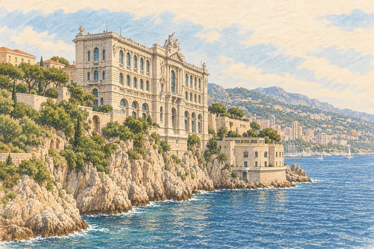 Original gouache illustration of Oceanographic Museum; an interpretive impression, not a navigation map.