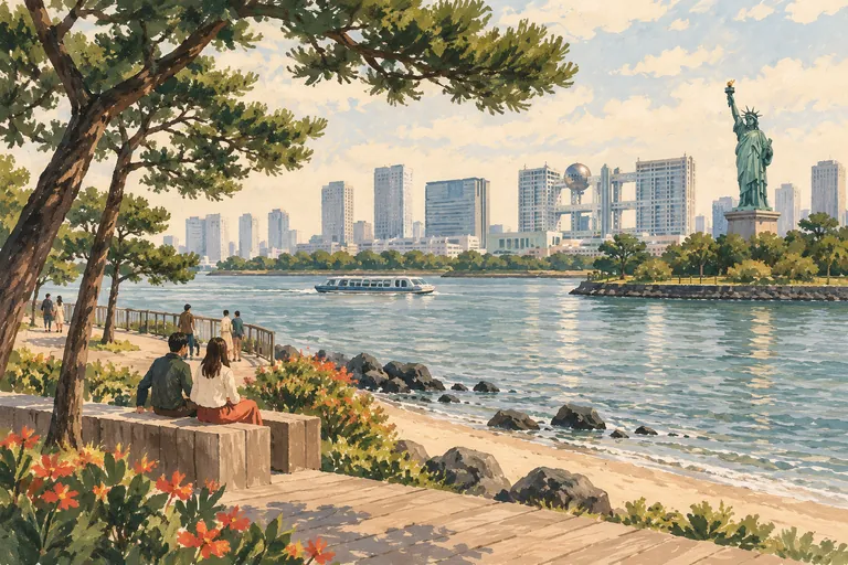 Original gouache illustration of Odaiba Seaside Park; an interpretive impression, not a navigation map.