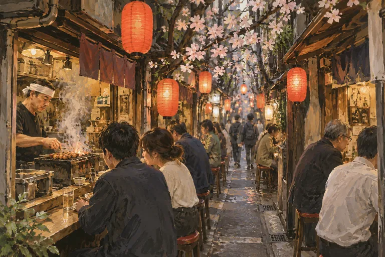Illustrazione originale a guazzo di Omoide Yokocho; un'interpretazione figurativa, non una carta nautica.