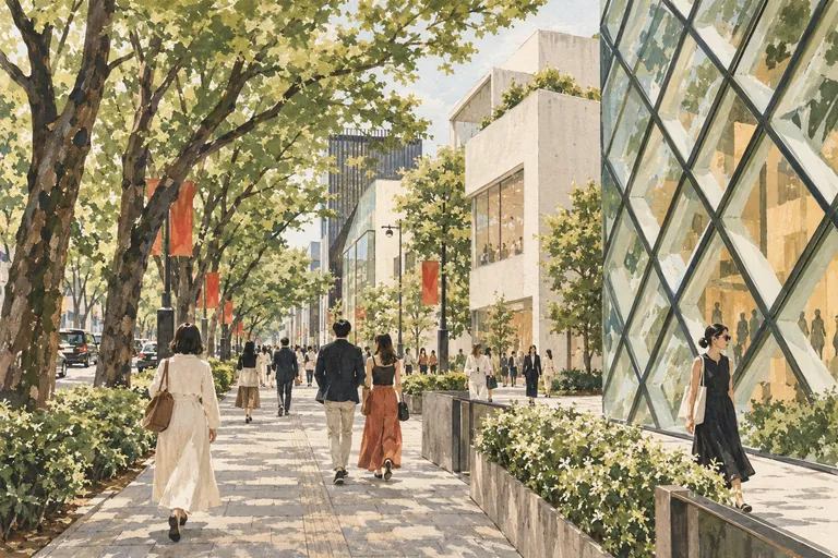 Original gouache illustration of Omotesando Architecture Walk; an interpretive impression, not a navigation map.