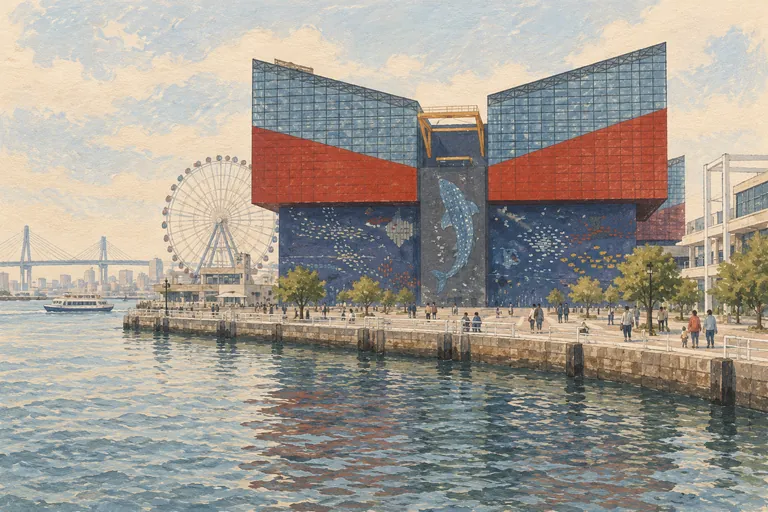 Illustration originale à la gouache de l'aquarium Kaiyukan d'Osaka ; une impression interprétative, et non une carte de navigation.