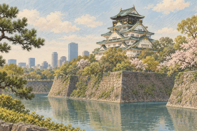 Illustration originale à la gouache du château d'Osaka ; une impression interprétative, et non une carte de navigation.