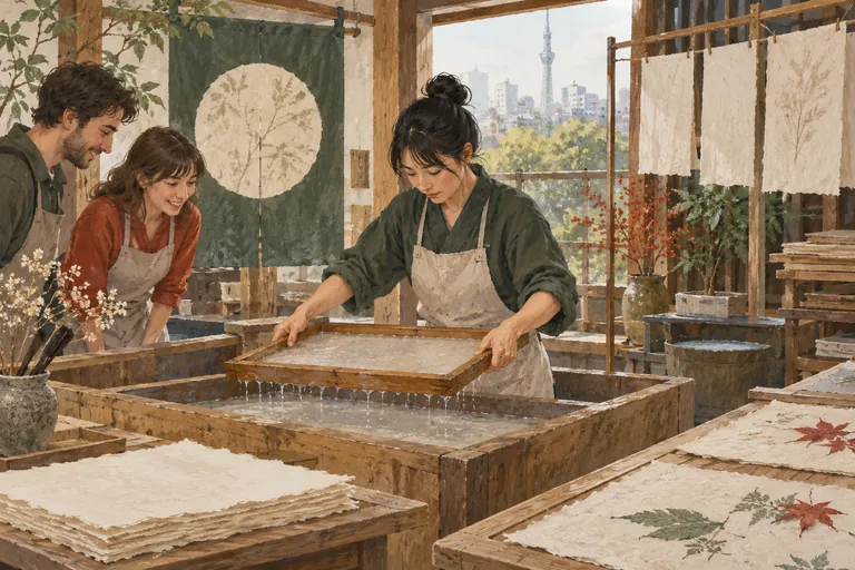 Illustration originale à la gouache représentant la fabrication du papier washi par Ozu ; une impression interprétative, et non une carte de navigation.