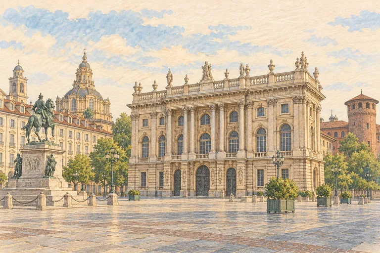 Originale Gouache-Illustration des Palazzo Madama; eine interpretative Darstellung, keine Navigationskarte.