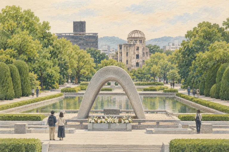 Illustration originale à la gouache du parc commémoratif de la Paix ; une impression interprétative, et non une carte de navigation.