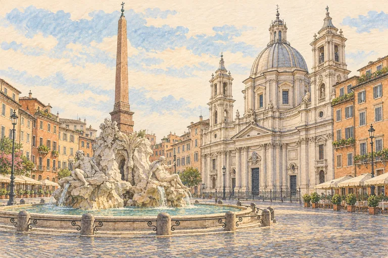 Ilustração original em guache da Piazza Navona; uma interpretação, não um mapa de navegação.