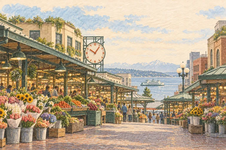 Illustrazione originale a guazzo del Pike Place Market; un'interpretazione figurativa, non una mappa di navigazione.