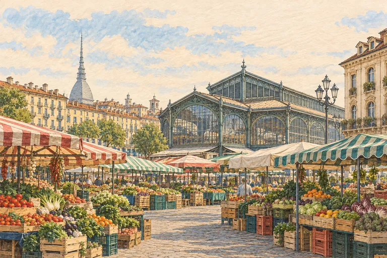 Originale Gouache-Illustration des Porta Palazzo Marktes; eine interpretative Darstellung, keine Navigationskarte.