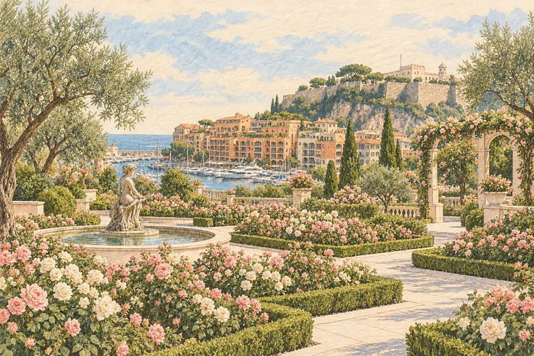 Original gouache illustration of Princess Grace Rose Garden; an interpretive impression, not a navigation map.