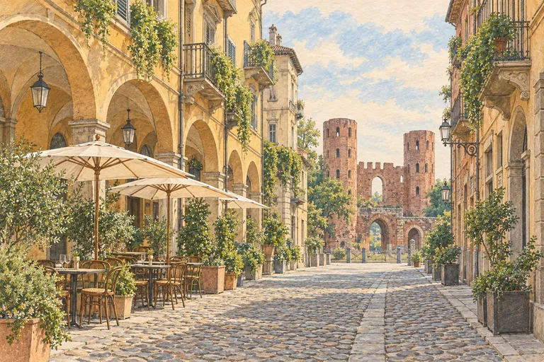 Originale Gouache-Illustration des Quadrilatero Romano; eine interpretative Darstellung, keine Navigationskarte.