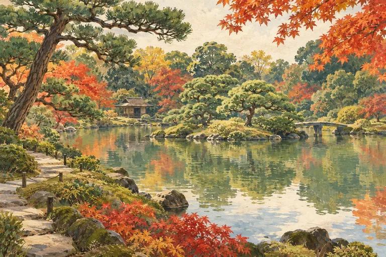 Original gouache illustration: Garden pond, shaped pines and autumn foliage.