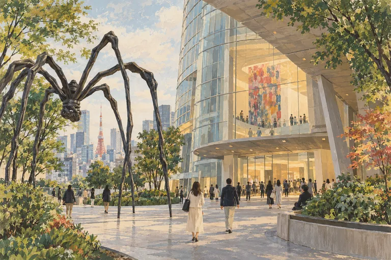 Originale Gouache-Illustration des Roppongi Hills & Mori Art Museum; eine interpretative Darstellung, keine Navigationskarte.
