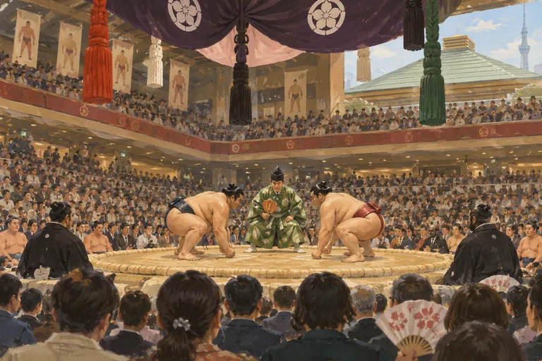 Original gouache illustration of Sumo at Ryogoku Kokugikan; an interpretive impression, not a navigation map.