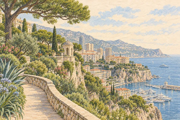 Illustrazione originale a guazzo dei Giardini di Saint-Martin; un'interpretazione figurativa, non una carta nautica.