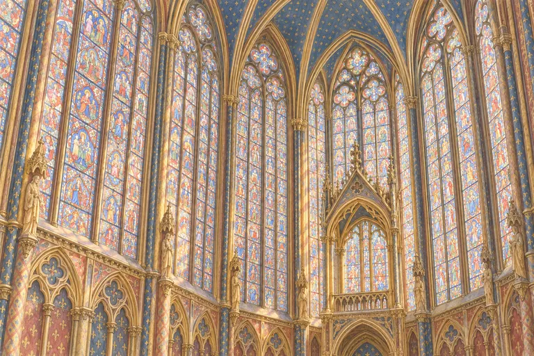 Ilustração original em guache da Sainte-Chapelle; uma representação interpretativa, não um mapa de navegação.