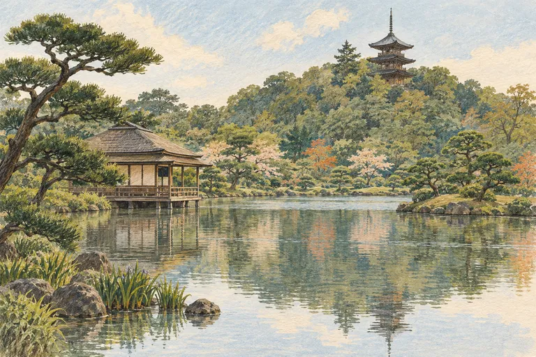 Illustration originale à la gouache du jardin Sankeien ; une impression interprétative, et non une carte de navigation.