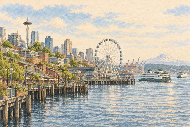 Illustrazione originale a guazzo del lungomare di Seattle; un'interpretazione figurativa, non una carta nautica.