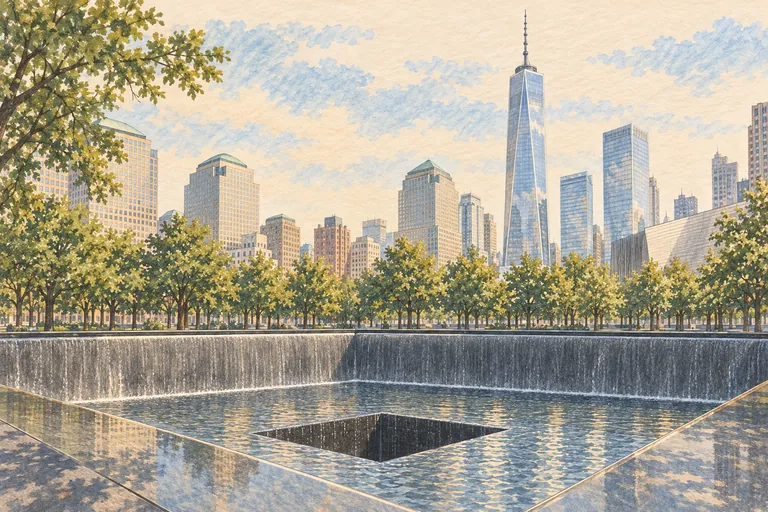 Original gouache illustration of 9/11 Memorial; an interpretive impression, not a navigation map.