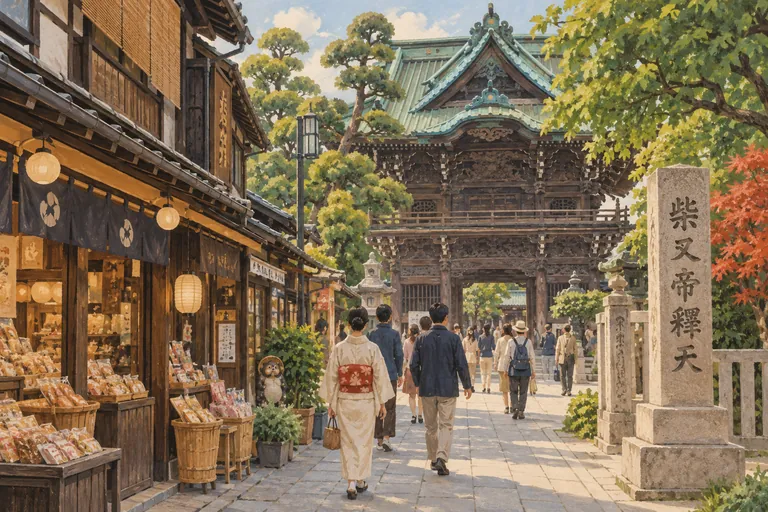 Original gouache illustration of Shibamata Taishakuten & Sando; an interpretive impression, not a navigation map.