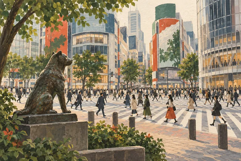 Originale Gouache-Illustration der Shibuya Scramble Crossing & Hachiko; eine interpretative Darstellung, keine Navigationskarte.