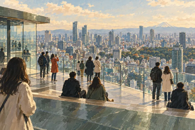 Illustration originale à la gouache du ciel de Shibuya ; une impression interprétative, et non une carte de navigation.