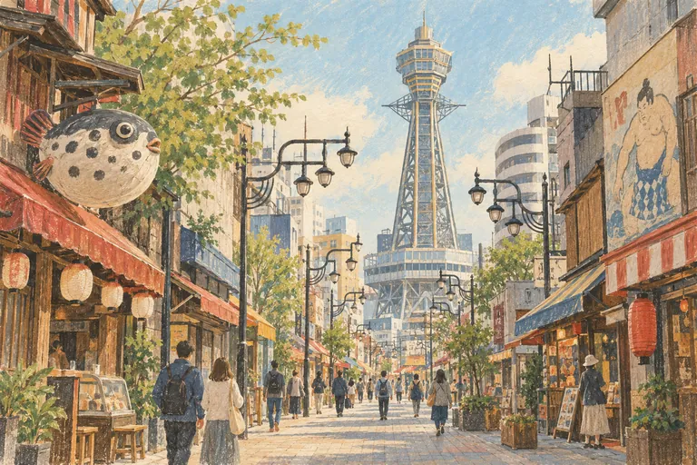 Illustration originale à la gouache de Shinsekai & Tsutenkaku ; une impression interprétative, et non une carte de navigation.