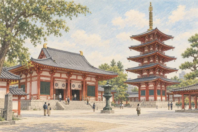 Illustration originale à la gouache du Shitenno-ji ; une impression interprétative, et non une carte de navigation.