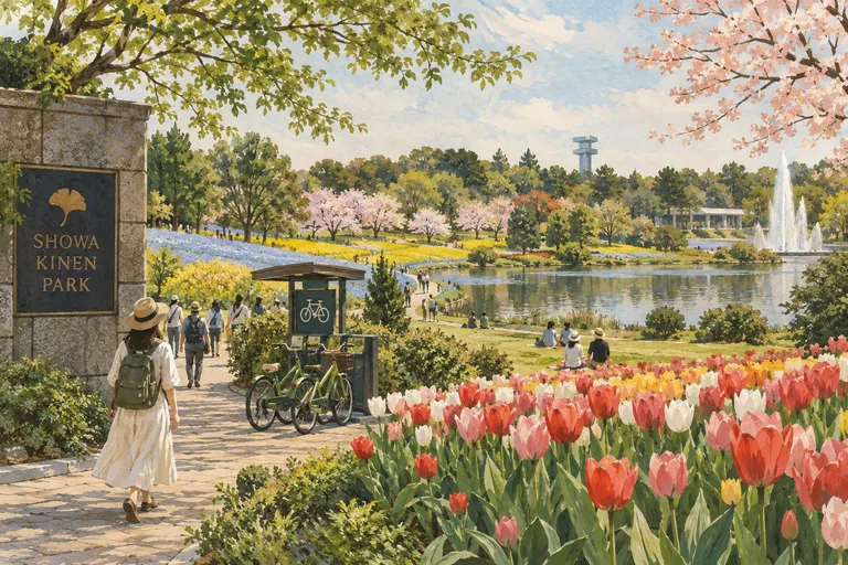 Original gouache illustration of Showa Kinen Park; an interpretive impression, not a navigation map.