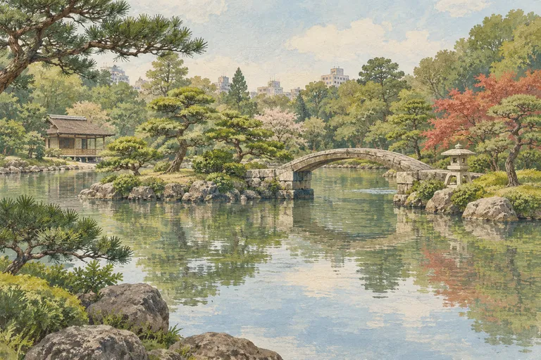 Illustration originale à la gouache du jardin Shukkeien ; une impression interprétative, et non une carte de navigation.