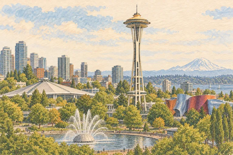 Illustrazione originale a guazzo dello Space Needle; un'interpretazione figurativa, non una carta nautica.