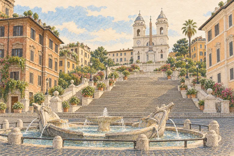 Ilustração original em guache da Escadaria da Praça de Espanha; uma interpretação, não um mapa de navegação.