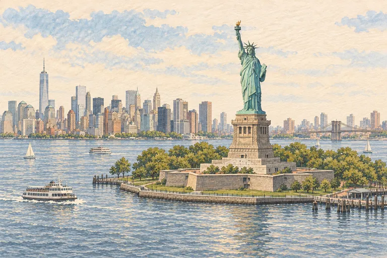 Original gouache illustration of Statue of Liberty; an interpretive impression, not a navigation map.