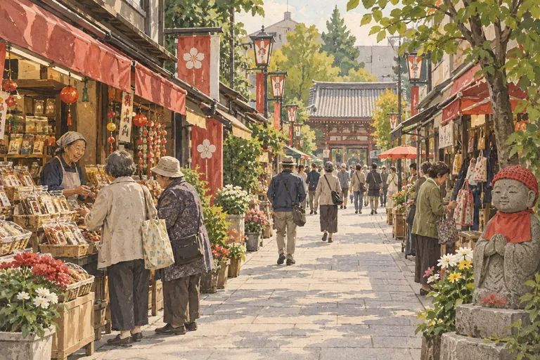 Original gouache illustration of Sugamo Jizo-dori; an interpretive impression, not a navigation map.