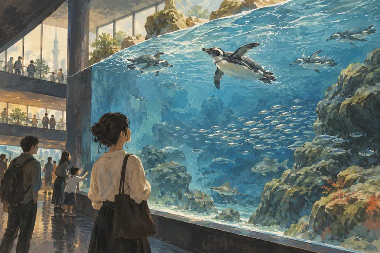 Original gouache illustration of Sumida Aquarium; an interpretive impression, not a navigation map.