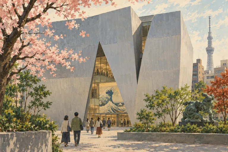 Original gouache illustration of Sumida Hokusai Museum; an interpretive impression, not a navigation map.