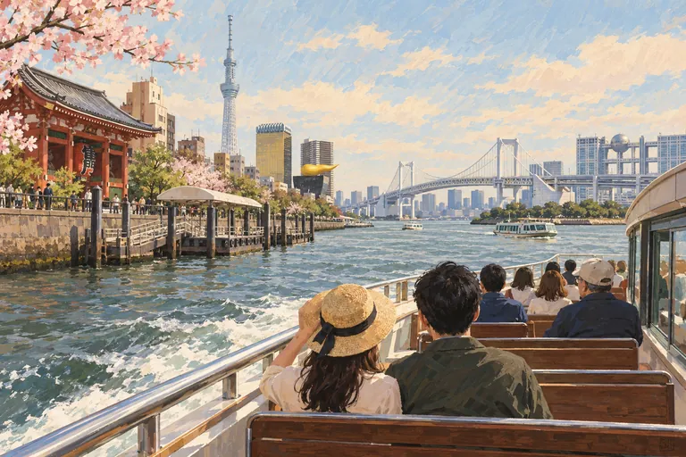 Original gouache illustration of Sumida River Boat: Asakusa to Odaiba; an interpretive impression, not a navigation map.