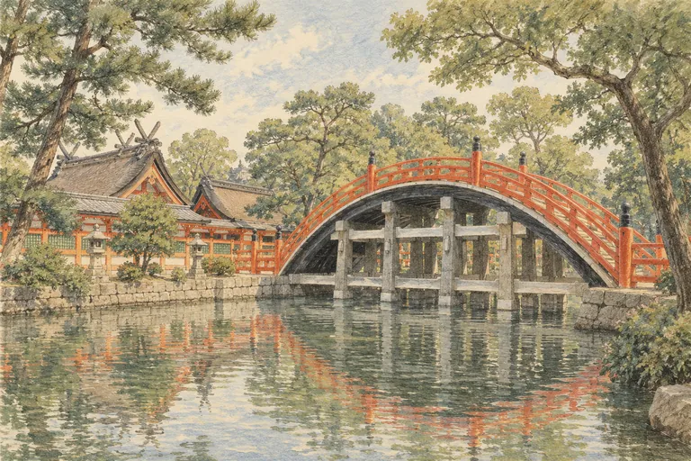 Illustration originale à la gouache du Sumiyoshi Taisha ; une impression interprétative, et non une carte de navigation.