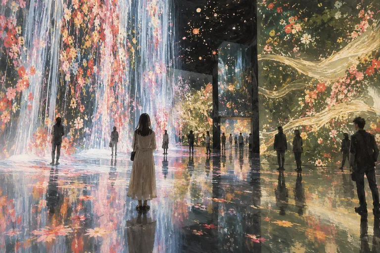 Originale Gouache-Illustration von teamLab Borderless; eine interpretative Darstellung, keine Navigationskarte.
